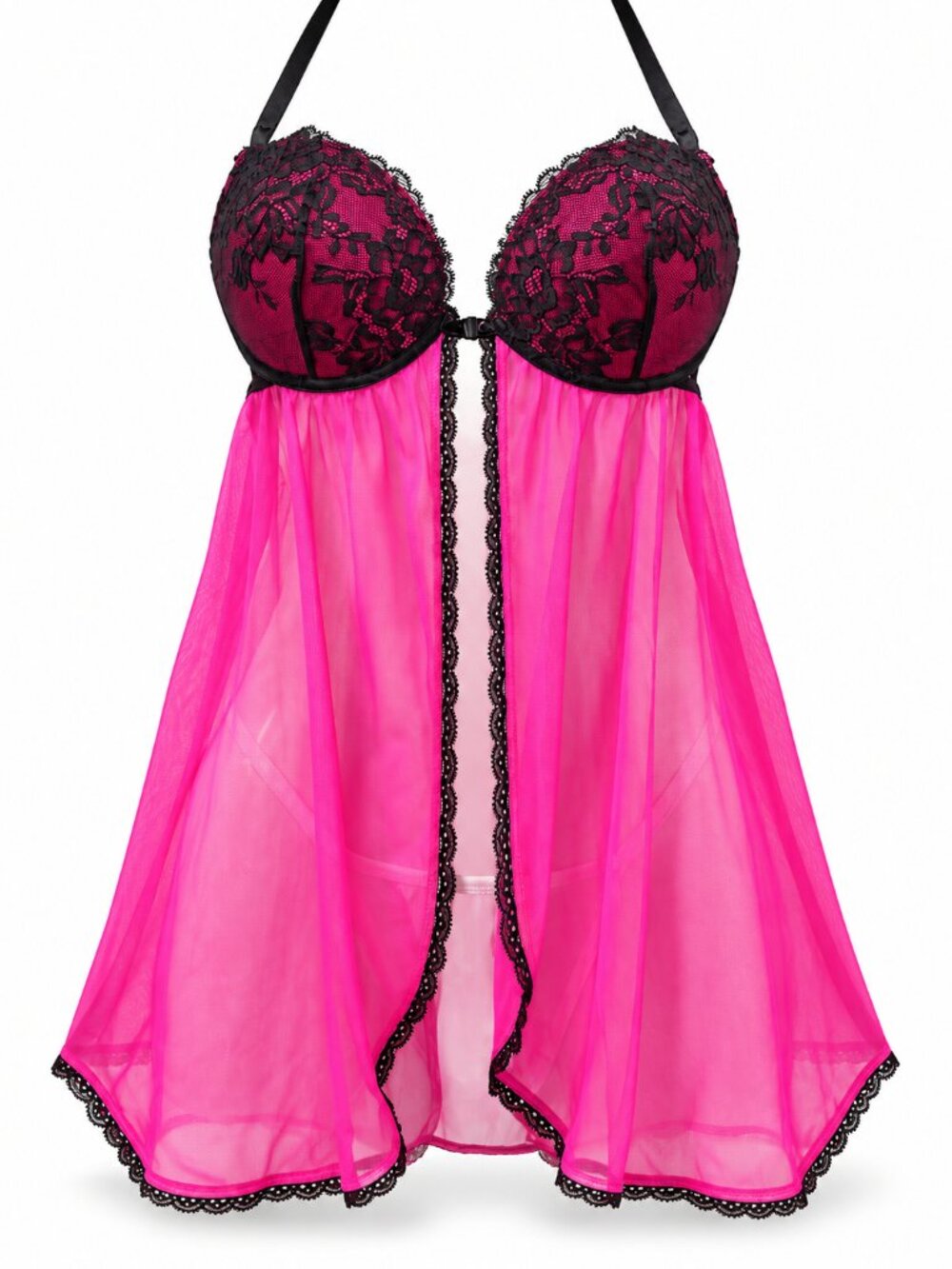 La Senza Hot Pink Black Lace Open Front Babydoll Nightgown M Y2K